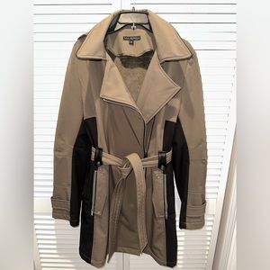 Tan and black trench coat